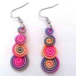 Earrings Swirls Bright Colorful Spiral Dangle Hippie Neon Rainbow Boho Summer
